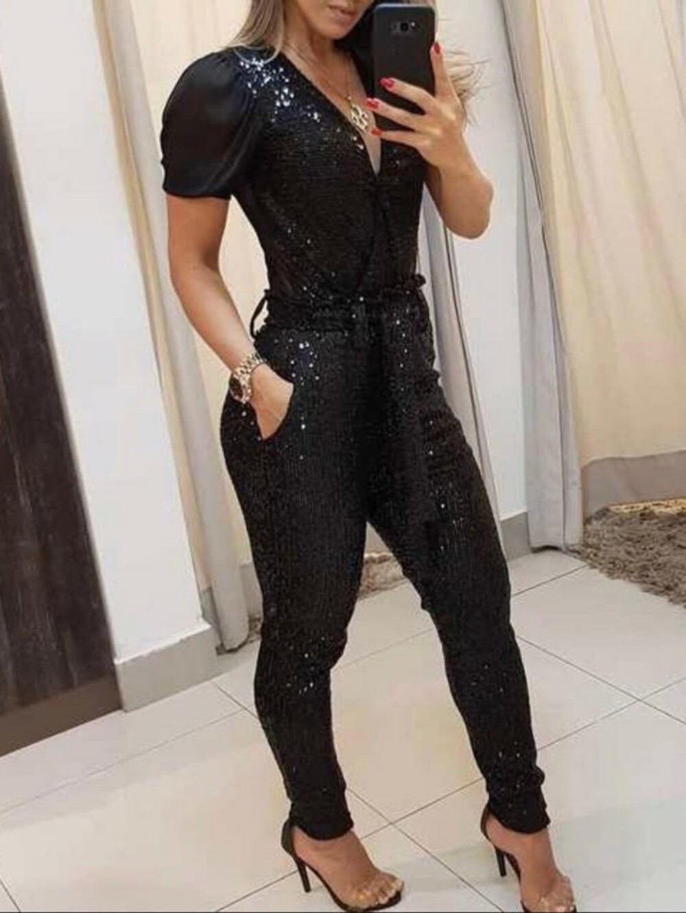 CBR Sequin Pant Jumpsuit Black Size Large